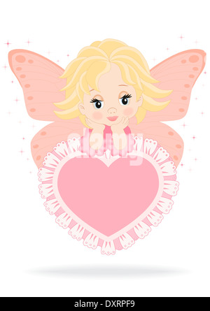 zauberhafte Fee sitzend auf einem rosa Herz isoliert auf weißem Hintergrund Stockfoto