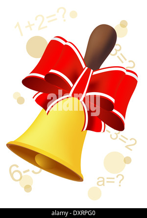 goldene Glocke mit roter Schleife isoliert auf weißem Hintergrund Stockfoto