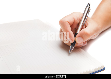 Mann-Handschrift in offenes Buch isoliert auf weißem Hintergrund Stockfoto