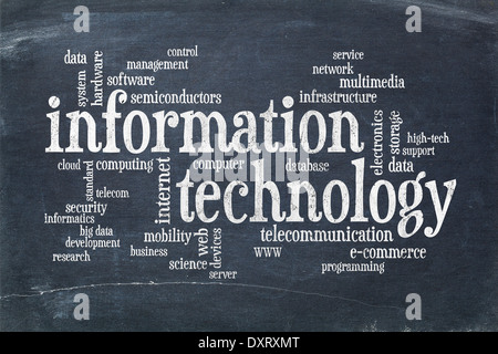 Informationen Technologie Wortwolke auf Vintage Schiefer Tafel Stockfoto