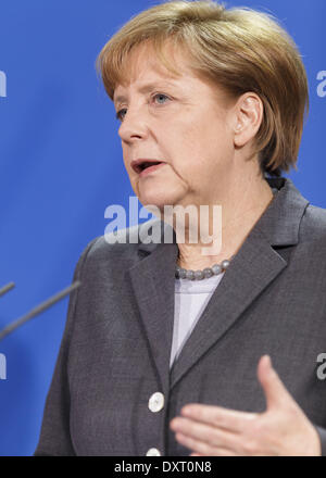 Berlin, Deutschland. 28. März 2014. Gemeinsame Pressekonferenz des chinesischen Präsidenten Xi Jinping von Bundeskanzlerin Angela Merkel im Kanzleramt in Berlin. / Bild: Bundeskanzlerin Angela Merkel in Berlin, Deutschland, am 28. März 2014. Reynaldo Paganelli/NurPhoto/ZUMAPRESS.com/Alamy © Live-Nachrichten Stockfoto