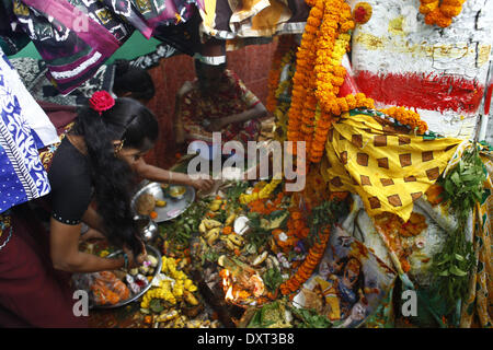 Dhaka, Bangladesch. 30. März 2014. Telugu, einer Kehrmaschine Gemeinde in Bangladsh. Sie kamen in dieses Land aus Andhra Prodesh, Indien. Ihre Kultur ist reich. '' Shetola Puja'' oder '' Frühlingsfest '' ist die wichtigsten anbeten. Krankheit, in der Hoffnung auf Befreiung vom Leid, dieses heilige Festival zu beobachten. GOTTMUTTER dieses Gottesdienstes namens Shetola - Ola. Diese Ola Mutter halten sie frei von Krankheiten. Bildnachweis: ZUMA Press, Inc./Alamy Live-Nachrichten Stockfoto