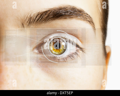 Extreme Nahaufnahme von Netzhaut-Scanner über Hasel Auge Stockfoto
