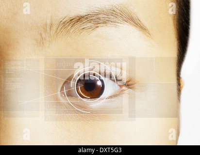 Extreme Nahaufnahme von Netzhaut-Scan über braune Augen Stockfoto