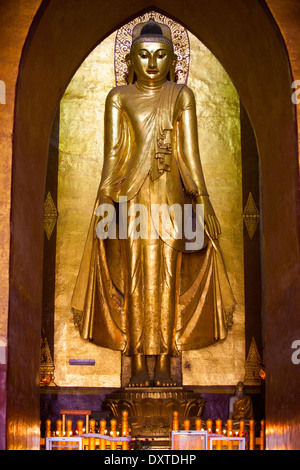 Riesigen goldenen Buddha, Ananda Pahto buddhistischen Tempel, Bagan Myanmar Stockfoto