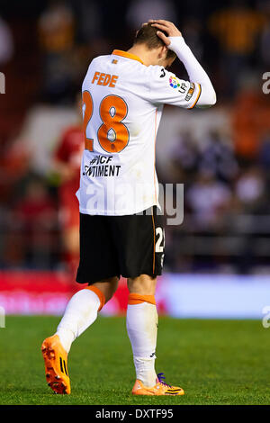 Valencia, Spanien. 30. März 2014. Mittelfeldspieler Fede Cartabia von Valencia CF reagiert während der La Liga-Spiel zwischen Valencia CF und Getafe im Mestalla-Stadion, Valencia-Credit: Action Plus Sport/Alamy Live News Stockfoto