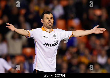 Valencia, Spanien. 30. März 2014. Weiterleiten von Javi Fuego von Valencia CF, reagiert während der La Liga-Spiel zwischen Valencia CF und Getafe im Mestalla-Stadion, Valencia-Credit: Action Plus Sport/Alamy Live News Stockfoto