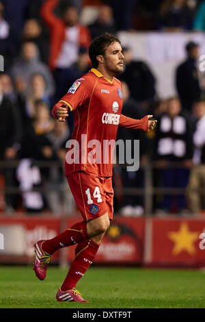 Valencia, Spanien. 30. März 2014. Mittelfeldspieler Pedro Leon von Getafe CF reagiert während der La Liga-Spiel zwischen Valencia CF und Getafe im Mestalla-Stadion, Valencia-Credit: Action Plus Sport/Alamy Live News Stockfoto