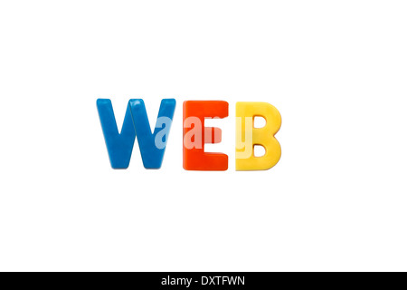 Bunte magnetische Plastikbuchstaben schreiben das Wort WEB auf einem hellen weißen Hintergrund. Stockfoto