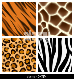 Eine Reihe von detaillierten Tier drucken Musterdesigns oder Texturen. Giraffe, Gepard, Tiger oder Leopard und Zebra skins Stockfoto