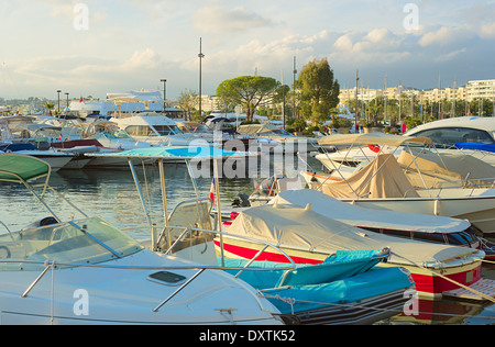 Luxus-Yachten in Cannes im Sonnenuntergang leuchten Stockfoto