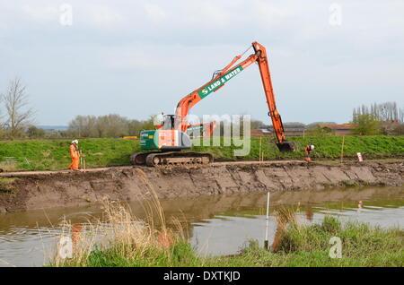 In der Nähe von Burrowbridge, UK. 31. März 2014. Beginn der Arbeiten zur Phase 1 der die Ausbaggerung der Fluß Parrett - Baggerarbeiten am Flussufer. Im Zuge der extremen Überschwemmungen auf der Somerset Ebene die einige kommt die Baggerarbeiten wurden auf einem Mangel der Wasserstraßen Baggerarbeiten verantwortlich.  Gerät ist Hitachi ZX225usr mit GPS-Graben-System, auch 13t amphibische Bagger und ein 7 Tonnen verfolgt Dumper Credit: Robert Timoney/Alamy Live News Stockfoto