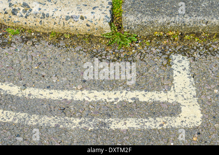 Doppelte gelbe Linien auf einer Straße mit der Kerb endet. Stockfoto