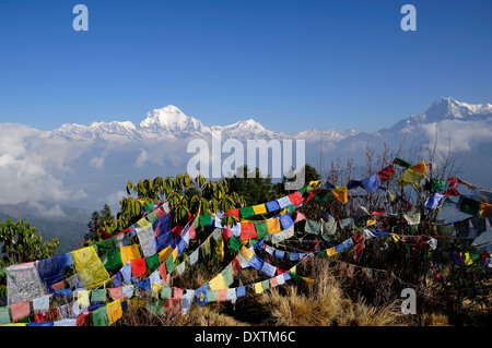 Annapurna Gebirge beim Wandern rund um die Annapurna von Poon Hill (3210m) gesehen. Stockfoto