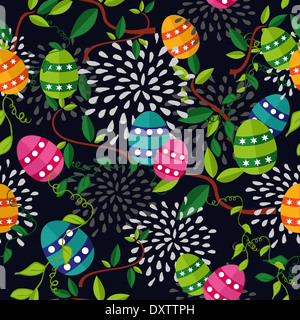Niedliche bunte Ostern Musterdesign mit Blätter und Farben Eiern auf schwarzem Hintergrund. Stockfoto