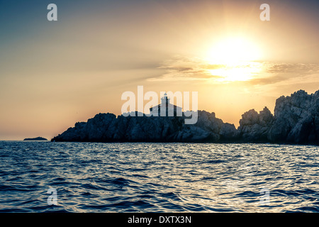 Leuchtturm bei Sonnenuntergang, Greben, Dubrovnik Stockfoto