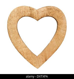 Herz aus Holz mit Leerschlägen isoliert auf weiss Stockfoto