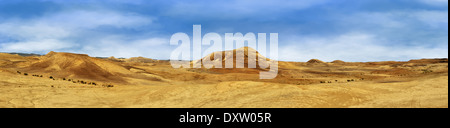 Schöne Landschaft der Judäischen Wüste. Gelbe und rote Hügel und blauer Himmel. Panorama. Stockfoto