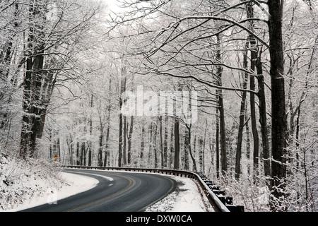 Straße durch Pisgah National Forest im Winter - in der Nähe von Brevard, North Carolina USA Stockfoto