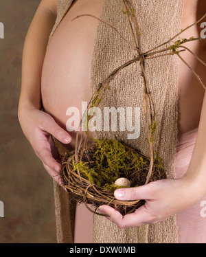 Junge schwangere Frau hält ein Vogelnest mit einem Ei Stockfoto