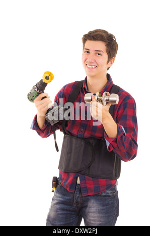 Mann mit Bohrer und Tür Knopf auf weißem Hintergrund Stockfoto