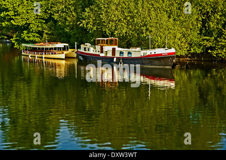 "Snipe" und Freude Kreuzer Sit vertäut am Fluss Avon früh am Morgen. Stockfoto