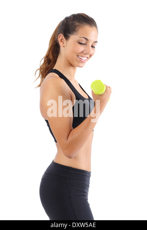 Profil einer jungen Fitness Frau Gewichte Übungen isoliert auf weißem Hintergrund Stockfoto
