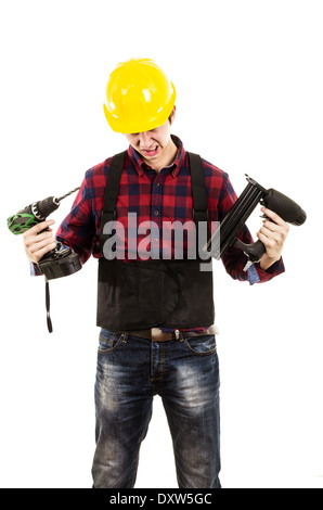 Mann mit Powertools auf weißem Hintergrund Stockfoto