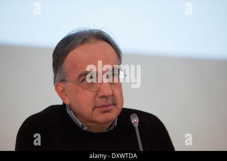 Turin, Italien. 31. März 2014. Sergio Marchionne spricht bei Fiat Generalversammlung, in Turin, Italien, am 31. März 2014. Dies ist einer der letzten Sitzungen vor der Zusammenführung von Fiat und Chrysler in der neuen Firma Fiat Chrysler Automobile. © Mauro Ujetto/NurPhoto/ZUMAPRESS.com/Alamy Live-Nachrichten Stockfoto