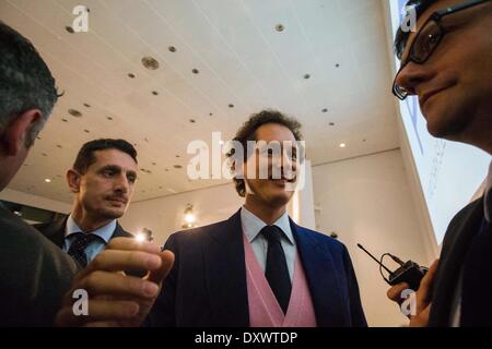 Turin, Italien. 31. März 2014. John Elkan am Ende des Fiat Generalversammlung, in Turin, Italien, am 31. März 2014. Dies ist einer der letzten Sitzungen vor der Zusammenführung von Fiat und Chrysler in der neuen Firma Fiat Chrysler Automobile. © Mauro Ujetto/NurPhoto/ZUMAPRESS.com/Alamy Live-Nachrichten Stockfoto