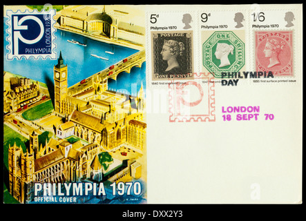 Eine offizielle decken, die Philympia 1970 Internationale Briefmarkenausstellung zu feiern. Die Briefmarken wurden von David Gentleman entworfen. Stockfoto