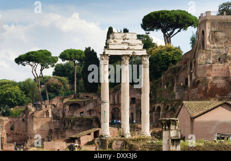 Tempel des Castor und Pollux, 484 v. Chr. korinthischen Säulen vor Santa Maria Antiqua und der Tempel des Augustus, Roman Forum Stockfoto