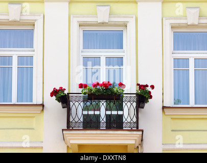 Drei Haus Fenster und Balkon mit Blumen Stockfoto