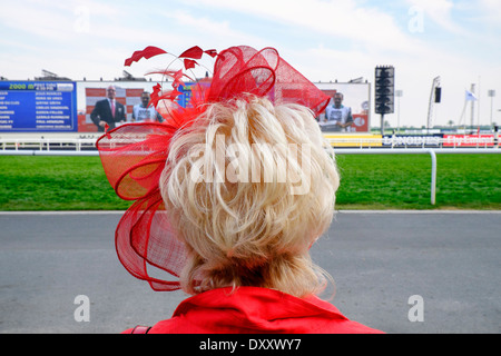 Hut und Frisur bei Dubai World Cup Pferderennen Meisterschaft in Meydan Racecourse in Dubai Vereinigte Arabische Emirate Stockfoto