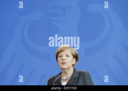 Berlin, Deutschland. 1. April 2014. Bundeskanzlerin Angela Merkel und der Ministerpräsident der Republik Albanien Herr Edi Rama an der Kanzlers auf Pressekonferenz in Berlin am 1. April 2014. / Bild: deutsche Bundeskanzlerin Angela Merkel (CDU) Credit: Reynaldo Paganelli/NurPhoto/ZUMAPRESS.com/Alamy Live News Stockfoto