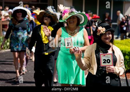 New Orleans, LA, USA. 11. Januar 2012. 29. März 2014: Hüte und High Fashion mit Flair Karneval standen im Mittelpunkt am Louisiana Derby-Tag an der Rennstrecke Fairgrounds in New Orleans, Louisiana Scott Serio/ESW/CSM/Alamy Live-Nachrichten Stockfoto