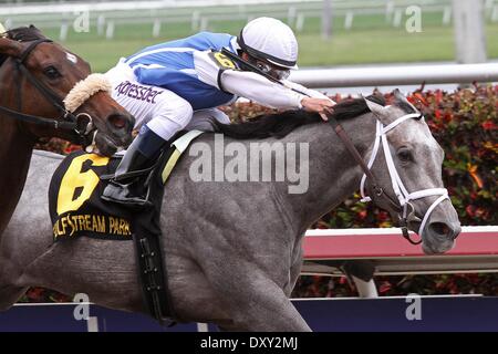 Hallandale Beach, Florida, USA. 29. März 2014. 29. März 2014: #6 In der Melodie (KY) mit Jockey Javier Castellano Duelle mit #8 Hausordnung (KY) gewinnt die G2 Gulfstream Eichen im Gulfstream Park in Hallandale Beach, FL. Liz Lamont/ESW/CSM/Alamy Live News Stockfoto