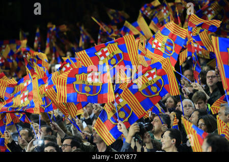 Barcelona, Spanien. 1. April 2014. Barcelona-Fans in der Partie zwischen FC Barcelona und Atletico de Madrid für die erste Etappe des Viertelfinale Runde der Champions League im Camp Nou am 1. April 2014. Foto: Joan Valls/Urbanandsport/Nurphoto. Bildnachweis: Joan Valls/NurPhoto/ZUMAPRESS.com/Alamy Live-Nachrichten Stockfoto