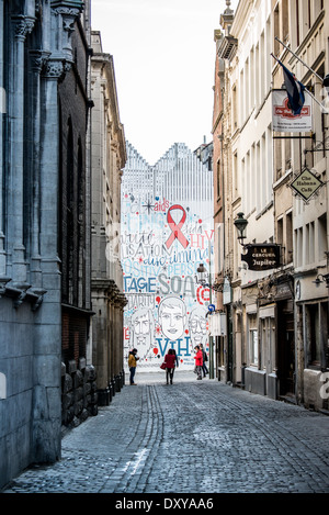 BRÜSSEL, Belgien – Eine mittelalterliche Gasse führt vom Grand Place, dem zentralen historischen Platz Brüssels, entfernt. Die enge Kopfsteinpflasterstraße, gesäumt von historischen Gebäuden, stellt eine von mehreren Passagen dar, die zum UNESCO-Weltkulturerbe führen. Diese historischen Durchgangsstraßen dienen seit Jahrhunderten als wichtige Verkehrsadern in der Brüsseler Altstadt. Stockfoto