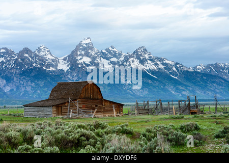 Die John Moulton Scheune bei Sonnenaufgang mit Regenbogen auf Mormone Folge gegen die Teton Range Mountains im Grand Teton National Park. Stockfoto