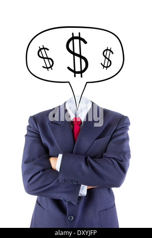 unsichtbare Geschäftsmann Kopf denken über Geld auf weißem Hintergrund Stockfoto