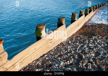 Buhne oder Wellenbrecher am Strand von Eastbourne, East Sussex, England, UK, den Strand von longshore Drift zu schützen Stockfoto