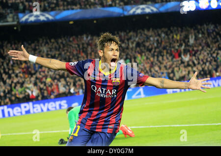 Barcelona, Spanien. 1. April 2014. Neymar Jr.-Feier in der Partie zwischen FC Barcelona und Atletico de Madrid für die erste Etappe des Viertelfinale Runde der Champions League im Camp Nou am 1. April 2014. Foto: Joan Valls/Urbanandsport/Nurphoto. Bildnachweis: Joan Valls/NurPhoto/ZUMAPRESS.com/Alamy Live-Nachrichten Stockfoto