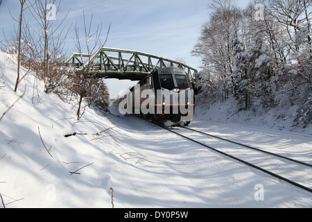 New Jersey Transitzug gleitet über verschneite Gleise in der Nähe von Whitehouse Station in Readington Township, New Jersey Stockfoto
