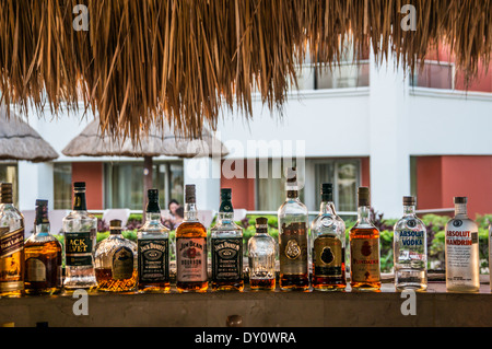 Schnapsflaschen auf einer tropischen Bar im freien Stockfoto