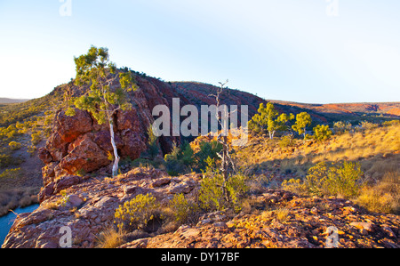 Glen Helen Gorge Outback-Landschaft Wasserloch Landschaften Northern Territory Central Australien trockenen isolierten Felsen Formationen gum Stockfoto