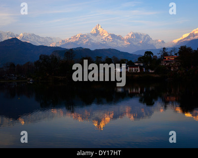 Reflexionen der Annapurna Range im Phewa-See, Pokhara, bei Sonnenuntergang, Nepal Stockfoto