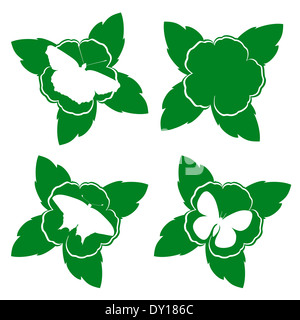 Abstrakte Symbole mit Schmetterlingen auf einer Blume. Abbildung auf weißem Hintergrund. Stockfoto