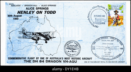 Gedenkmünze Australien Ersttagsbrief vom 30. August 1980, Flug von DH 84 Dragon VH-AQU Flugzeuge Stockfoto