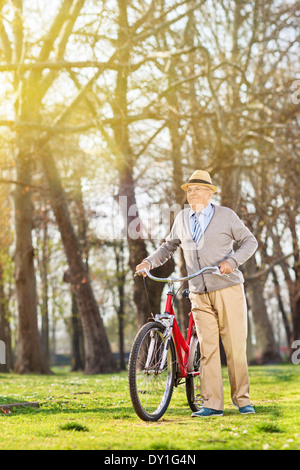Ältere Mann mit seinem Fahrrad im park Stockfoto